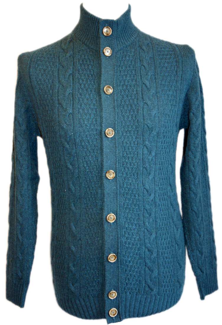 Johnstons mens cashmere cable and rib turtle neck cardigan in teal